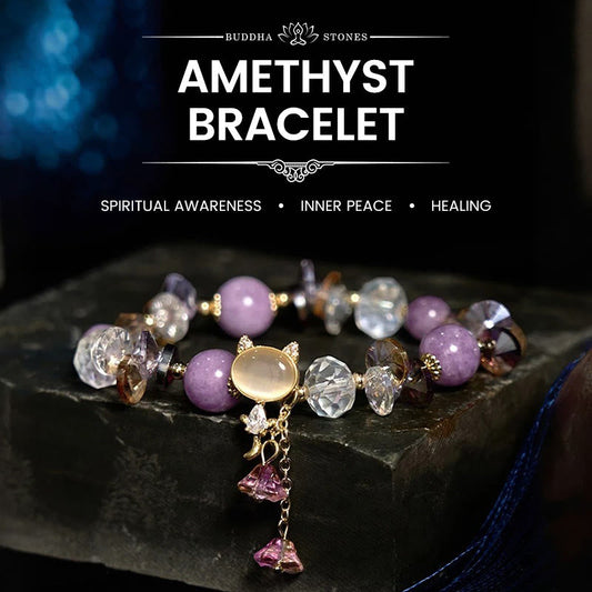Buddha Stones Amethyst Green Crystal Red Crystal Cat Balance Bracelet