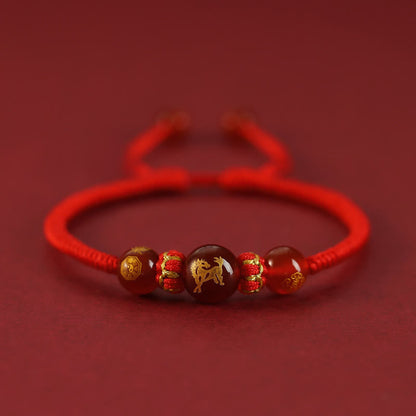 Buddha Stones Handmade Red Agate Chinese Zodiac Red String Braided Protection Bracelet
