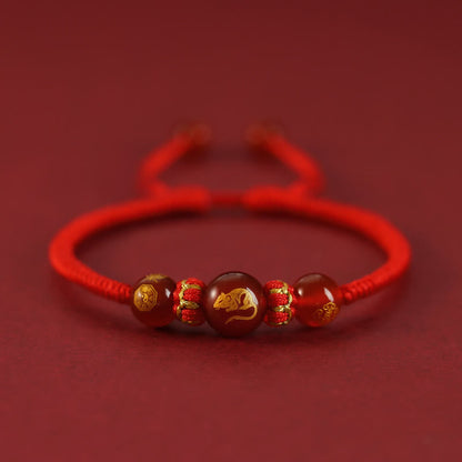 Buddha Stones Handmade Red Agate Chinese Zodiac Red String Braided Protection Bracelet