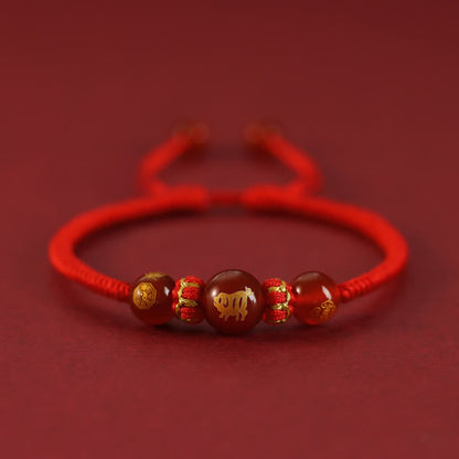 Buddha Stones Handmade Red Agate Chinese Zodiac Red String Braided Protection Bracelet