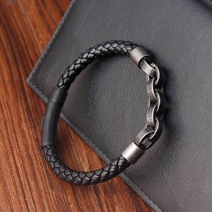 Buddha Stones Chain Design Titanium Steel Balance Leather Braided Buckle Bracelet