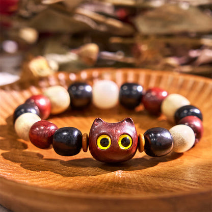 Buddha Stones Small Leaf Red Sandalwood Ebony Wood Cute Cat Engraved Protection Bracelet