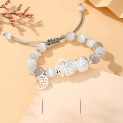 Buddha Stones Pi Xiu Six True Words 999 Sterling Silver Black Obsidian White Turquoise Chrysoberyl Luck Bracelet