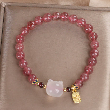 FREE Today: Love and Healing Strawberry Quartz White Jade Cat Fu Character Bracelet