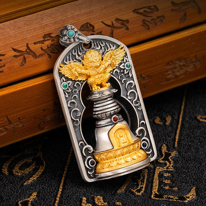Buddha Stones 925 Sterling Silver Tibetan Garuda Bird Vajra Dorje Bell Protection Necklace Pendant