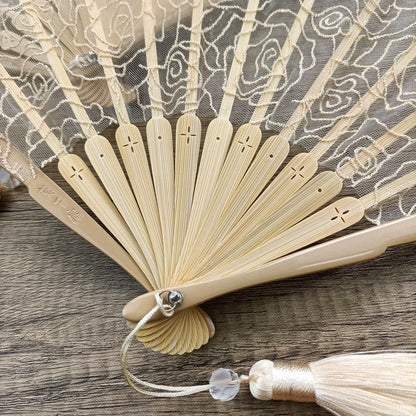 Buddha Stones Rose Embroidery Lace Shell Shape Tassels Handheld Bamboo Folding Fan
