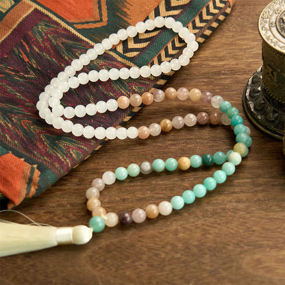 Buddha Stones 108 Mala Beads Natural White Jade Amazonite White Tassel Healing Bracelet