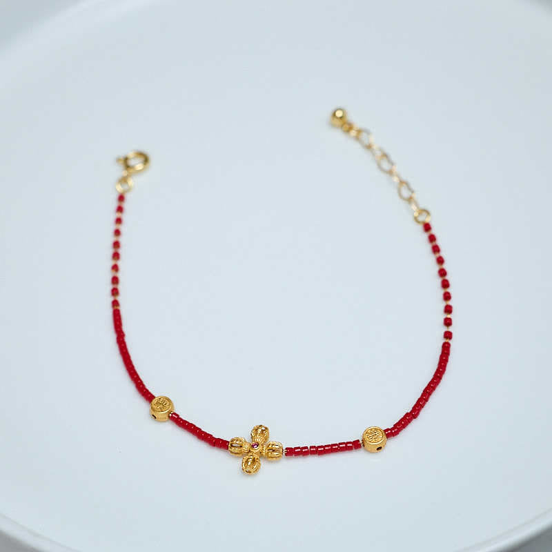 Buddha Stones 925 Sterling Silver Plated 24k Gold Liuli Glass Bead PiXiu Four Leaf Clover Joy And Happiness Wealth Bracelet