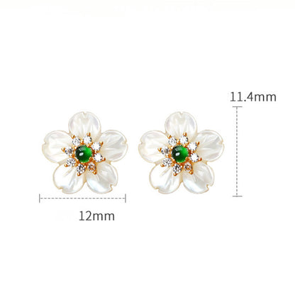 Buddha Stones 925 Sterling Silver Tridacna Stone Jade Flower Blessing Earrings
