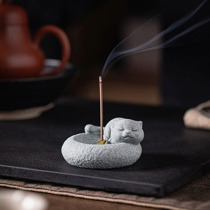 Buddha Stones Cute Lazy Standing Cat Healing Incense Burner Desk Decoration