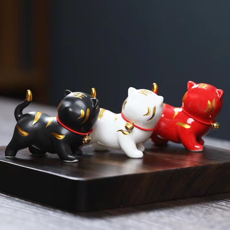 Buddha Stones Mini Cute Tiger Tea Pet Ceramic Home Desk Figurine Decoration