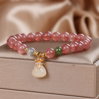Buddha Stones Natural Strawberry Quartz Money Bag Charm Positive Bracelet