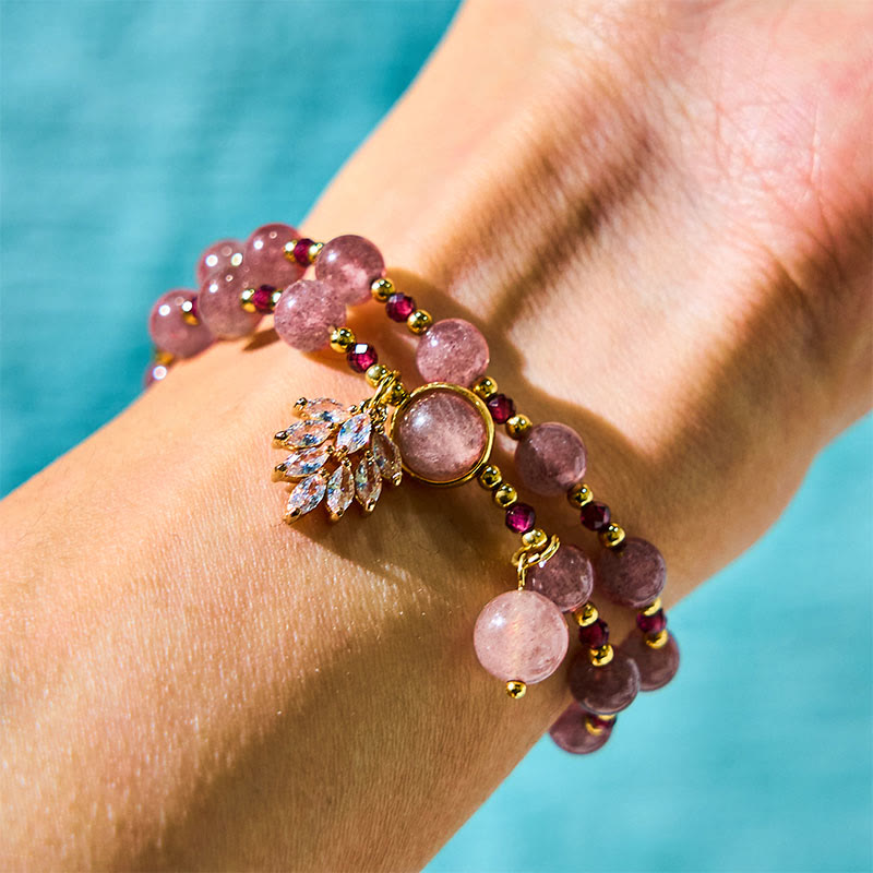 Buddha Stones Natural Strawberry Quartz Love Healing Maple Leaf Charm Double Wrap Bracelet
