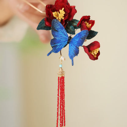 Buddha Stones Classical Chinese Style Red Flower Blue Butterfly Hairpin