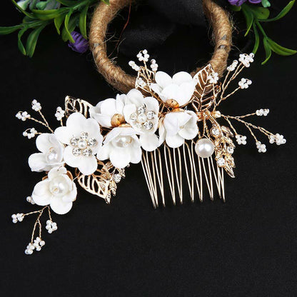 Buddha Stones 4Pcs Handmade Wedding Golden Leaf Flower Pearl Hairpin Hair Comb Set
