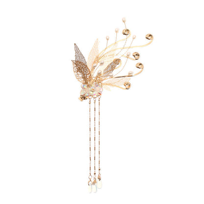 Buddha Stones Traditional Chinese Golden Leaf Flower Tassel Hair Clip