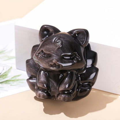 Buddha Stones Natural Silver Sheen Obsidian Nine Tailed Fox Protection Home Decoration