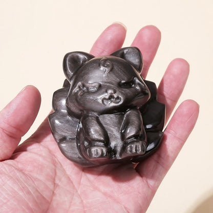 Buddha Stones Natural Silver Sheen Obsidian Nine Tailed Fox Protection Home Decoration