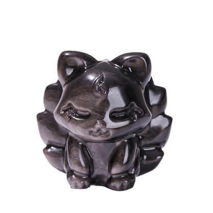 Buddha Stones Natural Silver Sheen Obsidian Nine Tailed Fox Protection Home Decoration