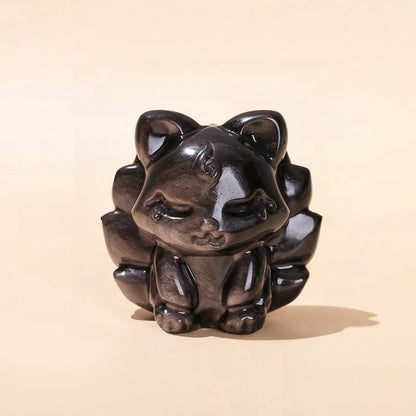 Buddha Stones Natural Silver Sheen Obsidian Nine Tailed Fox Protection Home Decoration