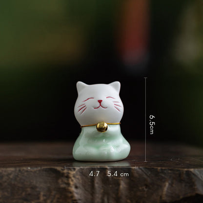 Buddha Stones Mini Lucky Cute Cat Light Green White Ceramic Figurine Decoration
