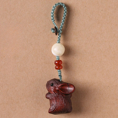 Buddha Stones Sandalwood Small Leaf Red Sandalwood Lucky Mini Rabbit Protection Key Chain Phone Hanging Decoration