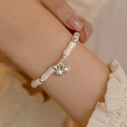 Buddha Stones 925 Sterling Silver Natural White Jade Bamboo Bell Charm Luck Happiness Bracelet