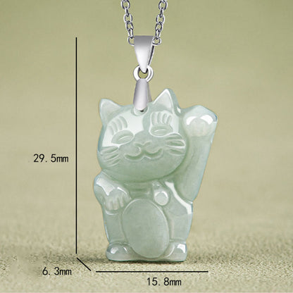 Buddha Stones 925 Sterling Silver Jade Fortune Cat Prosperity Necklace Pendant