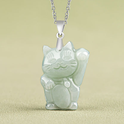 Buddha Stones 925 Sterling Silver Jade Fortune Cat Prosperity Necklace Pendant
