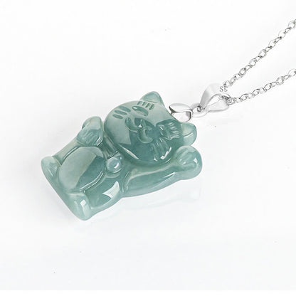 Buddha Stones 925 Sterling Silver Natural Jade Lucky Cat Abundance Necklace Pendant