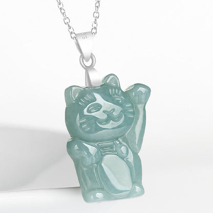 Buddha Stones 925 Sterling Silver Natural Jade Lucky Cat Abundance Necklace Pendant