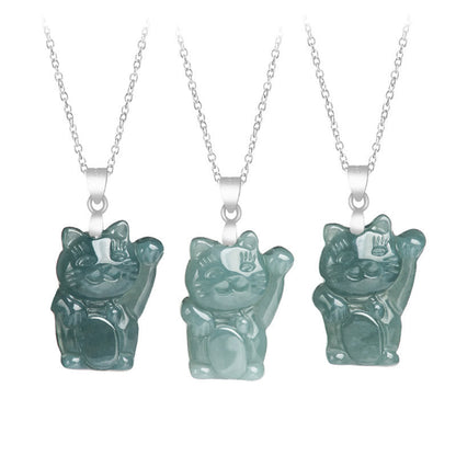 Buddha Stones 925 Sterling Silver Natural Jade Lucky Cat Abundance Necklace Pendant