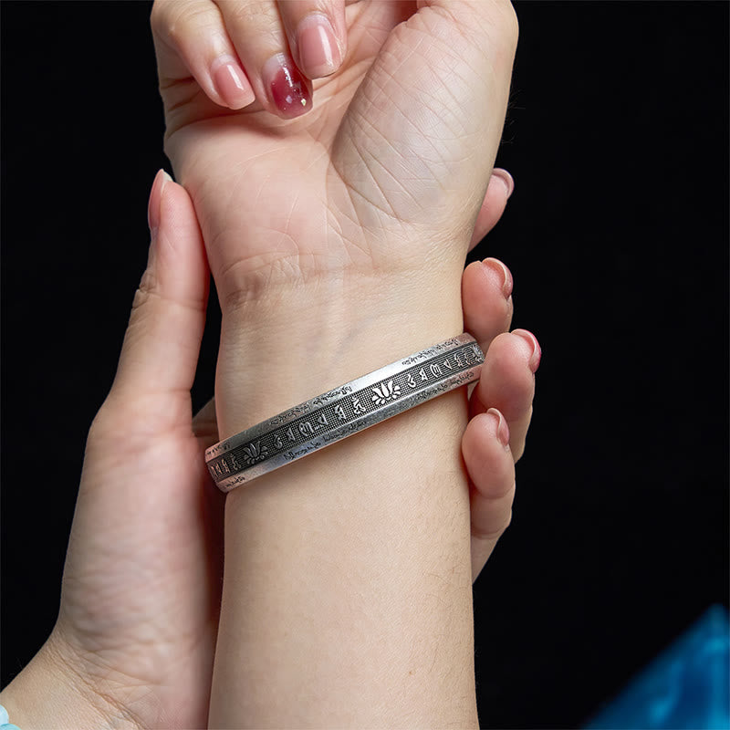 Buddha Stones Om Mani Padme Hum Heart Sutra Mantra Lotus Peace Meditation Cuff Bracelet Bangle