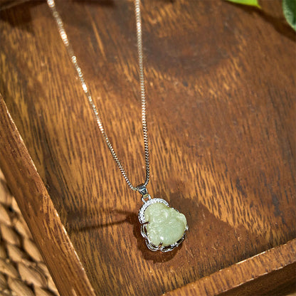 Buddha Stones Natural Hetian Jade Laughing Buddha Abundance Necklace Pendant