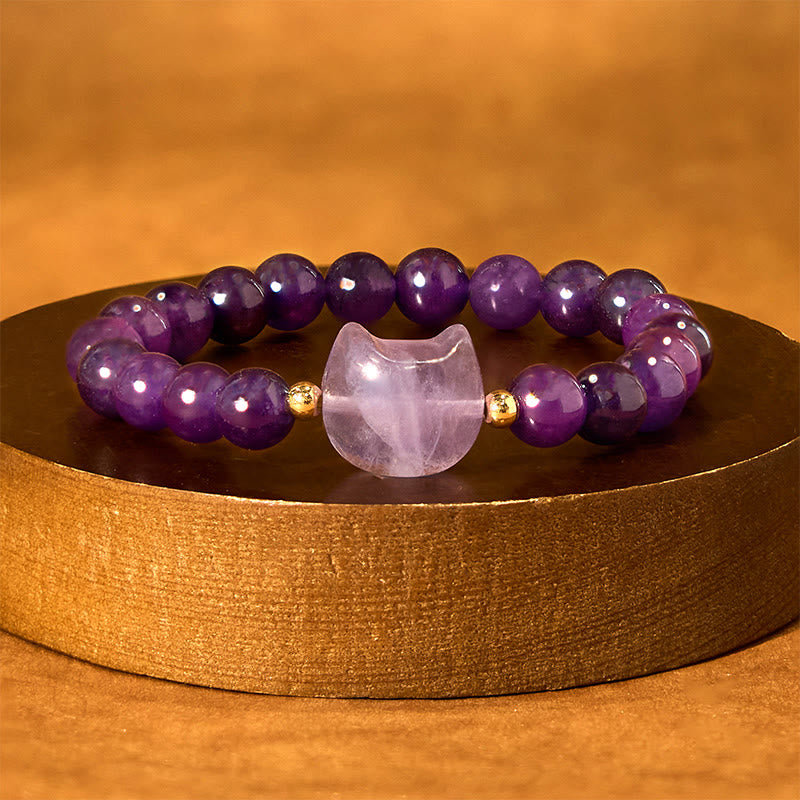 Buddha Stones Amethyst Green Aventurine Rose Quartz Fluorite Cat Head Balance Luck Bracelet