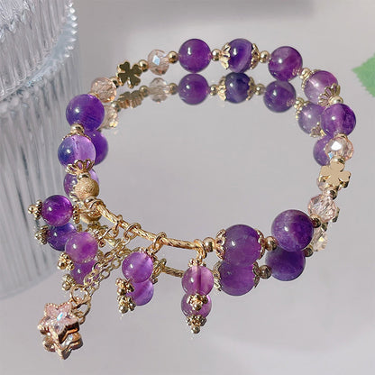 Buddha Stones Natural Amethyst Four Leaf Clover Star Peace Bracelet