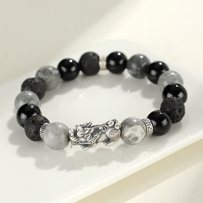 Buddha Stones 999 Sterling Silver PiXiu Black Onyx Grey Jasper Lava Rock Protection Bracelet