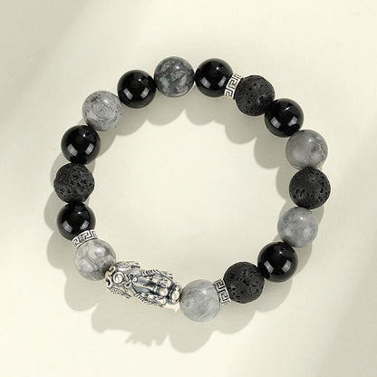 Buddha Stones 999 Sterling Silver PiXiu Black Onyx Grey Jasper Lava Rock Protection Bracelet