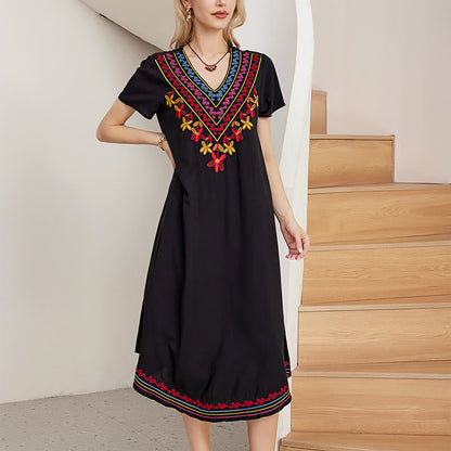 Buddha Stones Black Summer Casual Bohemian Embroidery Geometric Pattern Short Sleeve V-Neck Cotton Midi Dress