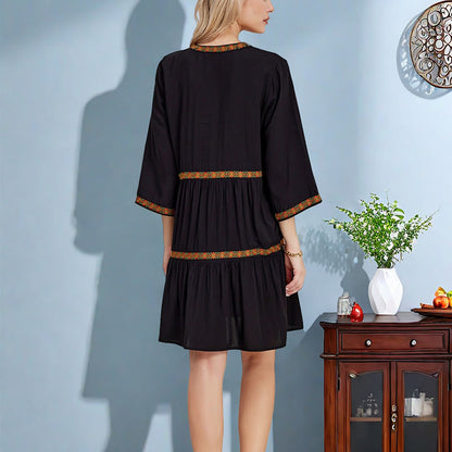 Buddha Stones Black Loose Bohemian Embroidery Floral Geometric Pattern Three Quarter Sleeve Cotton Midi Dress