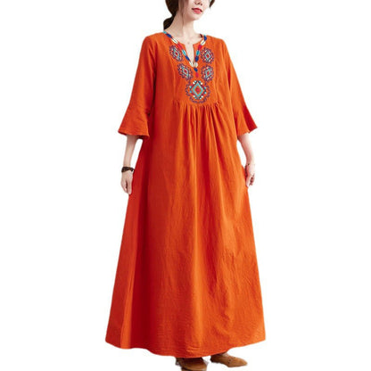 Buddha Stones Loose Plain Ethnic Embroidery Floral Pattern Three Quarter Sleeve Cotton Linen Maxi Dress