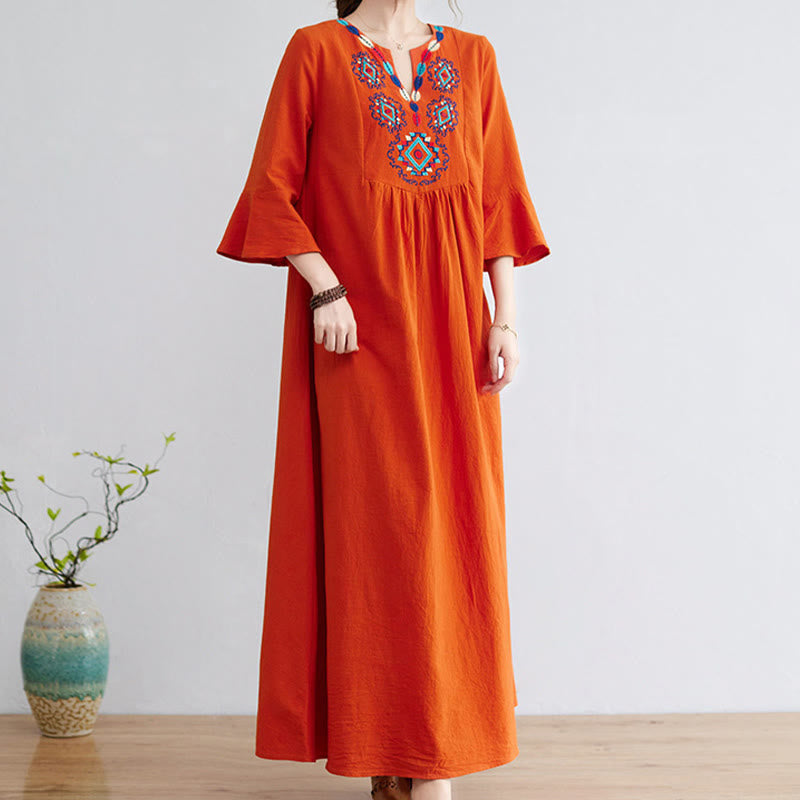 Buddha Stones Loose Plain Ethnic Embroidery Floral Pattern Three Quarter Sleeve Cotton Linen Maxi Dress