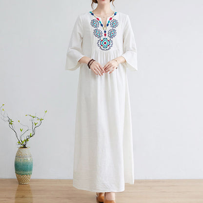 Buddha Stones Loose Plain Ethnic Embroidery Floral Pattern Three Quarter Sleeve Cotton Linen Maxi Dress