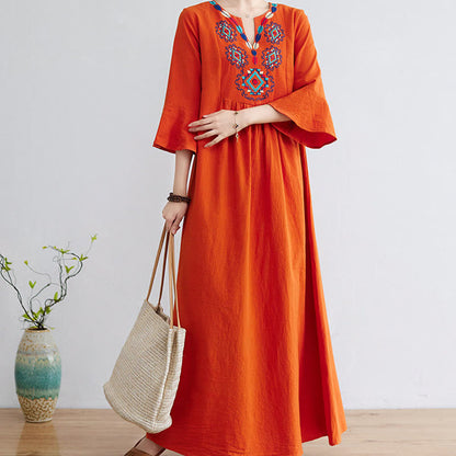 Buddha Stones Loose Plain Ethnic Embroidery Floral Pattern Three Quarter Sleeve Cotton Linen Maxi Dress