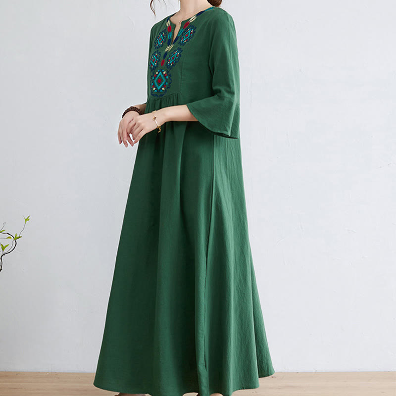 Buddha Stones Loose Plain Ethnic Embroidery Floral Pattern Three Quarter Sleeve Cotton Linen Maxi Dress