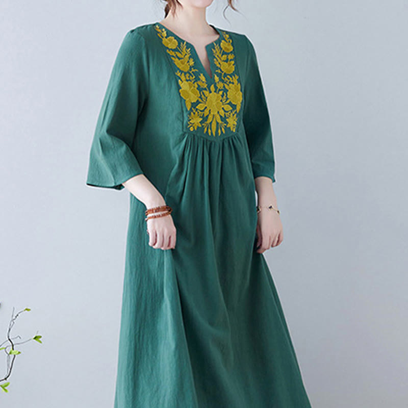 Buddha Stones Casual Bohemia Embroidery Floral Simple Design Three Quarter Sleeve V-Neck Cotton Linen Maxi Dress