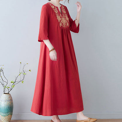 Buddha Stones Casual Bohemia Embroidery Floral Simple Design Three Quarter Sleeve V-Neck Cotton Linen Maxi Dress