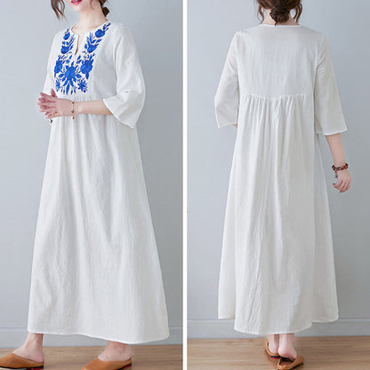 Buddha Stones Casual Bohemia Embroidery Floral Simple Design Three Quarter Sleeve V-Neck Cotton Linen Maxi Dress