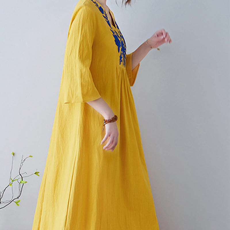 Buddha Stones Casual Bohemia Embroidery Floral Simple Design Three Quarter Sleeve V-Neck Cotton Linen Maxi Dress