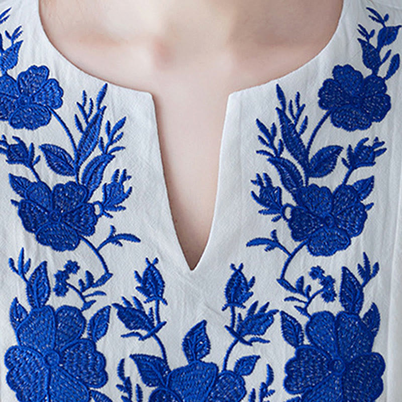 Buddha Stones Casual Bohemia Embroidery Floral Simple Design Three Quarter Sleeve V-Neck Cotton Linen Maxi Dress